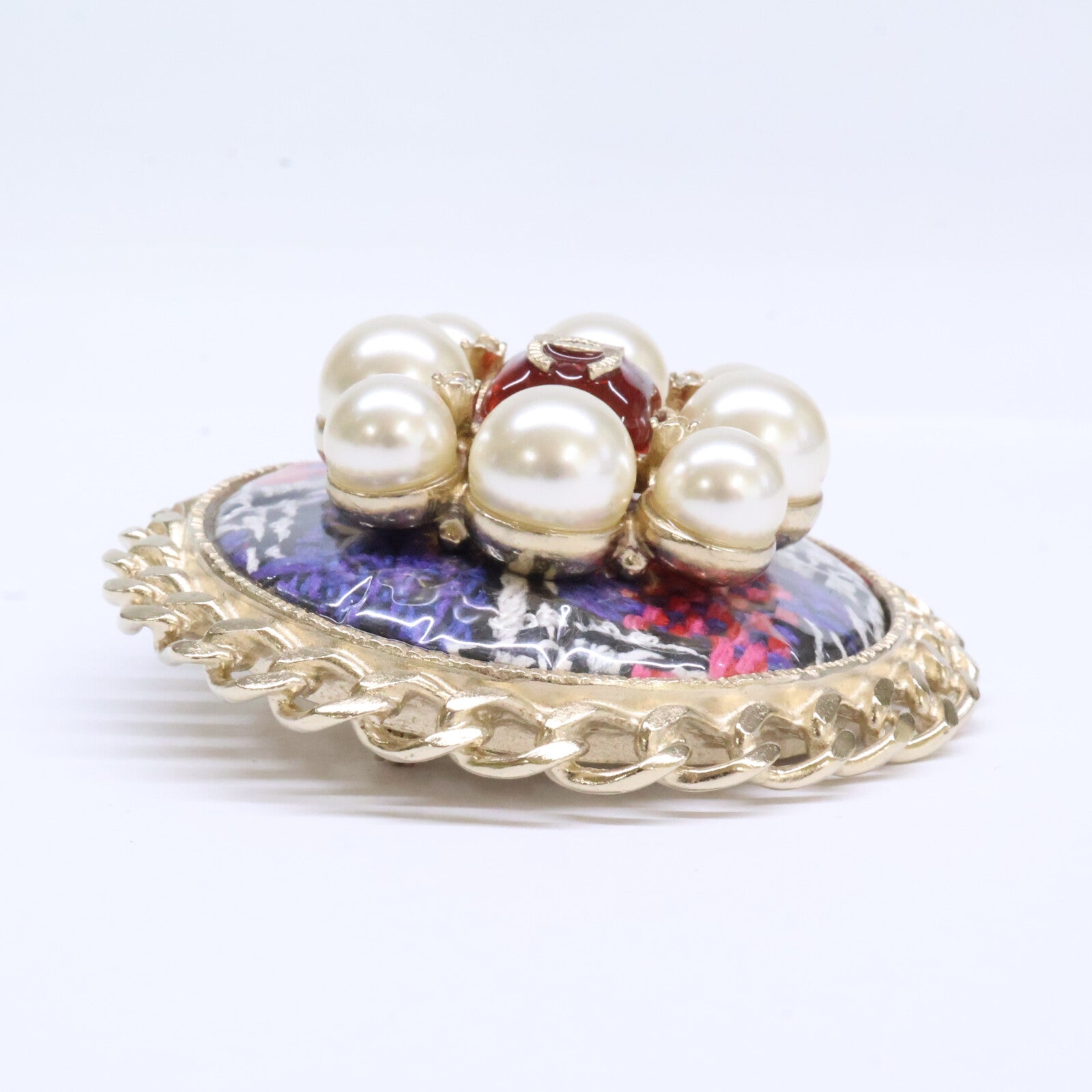 CHANEL シャネル 美品 A15S グリポア/パール/ツイード ココマーク ラウンド ブローチ
