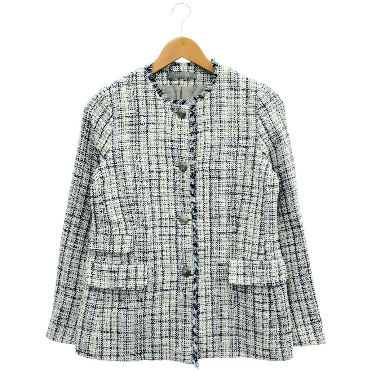 theory luxe セオリーリュクス 03-3104108 ホワイト×ブルー コットン混 ノーカラーツイードジャケット トップス