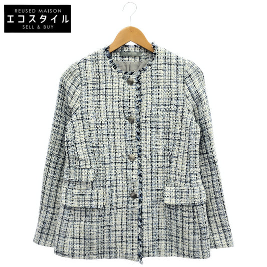 theory luxe セオリーリュクス 03-3104108 ホワイト×ブルー コットン混 ノーカラーツイードジャケット トップス