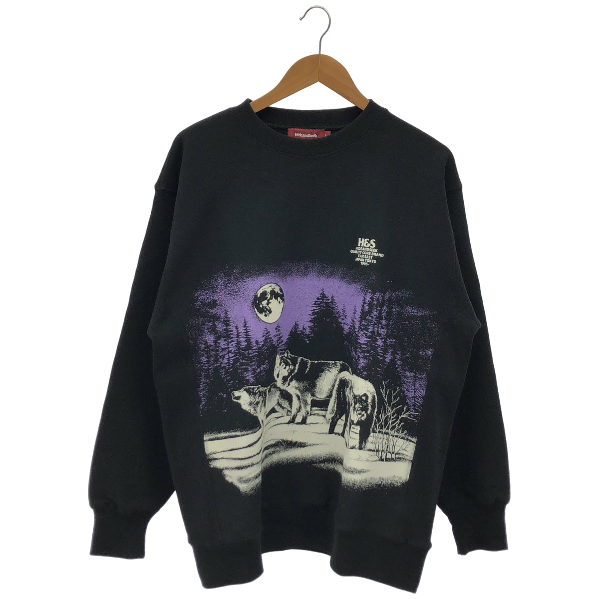 Hide&SeeK ハイドアンドシーク ブラック×パープル ウルフ クルーネック ロングスリーブスウェット トップス