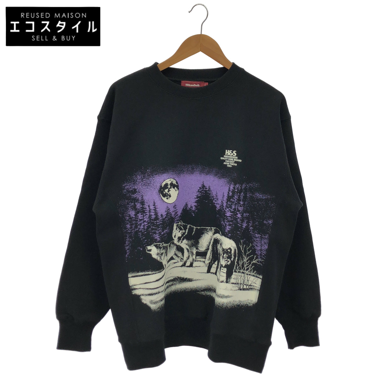 Hide&SeeK ハイドアンドシーク ブラック×パープル ウルフ クルーネック ロングスリーブスウェット トップス