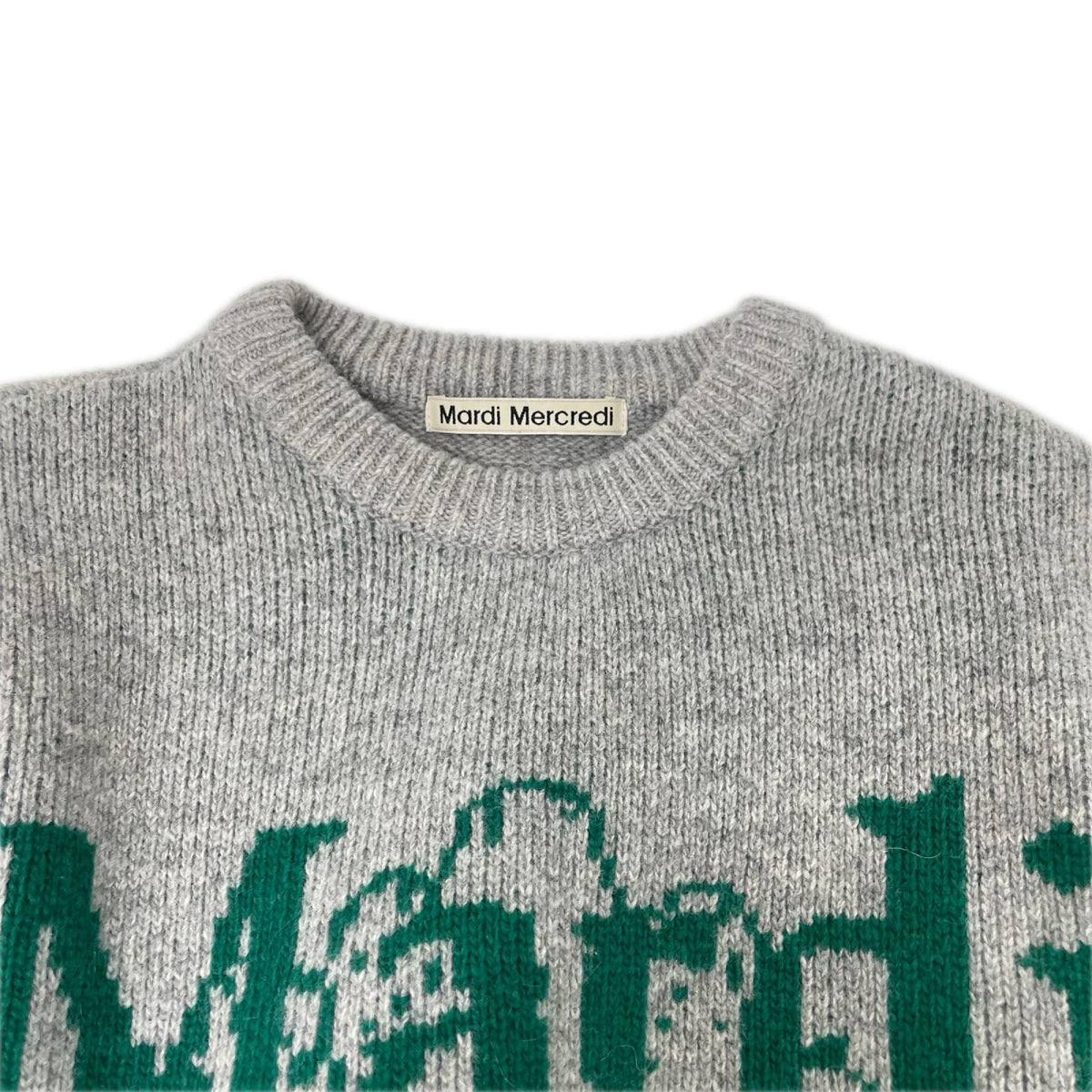 MardiMercredi マルディメクルディ MFK13KN001 グレー×グリーン カシミヤブレンド ロゴデザイン ニットプルオーバー トップス