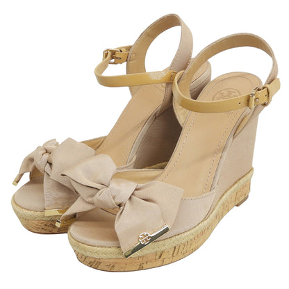 Tory Burch トリーバーチ 新品同様 リボン付き アンクルストラップ ウェッジヒールサンダル シューズ レディース ベージュ 7M シューズ