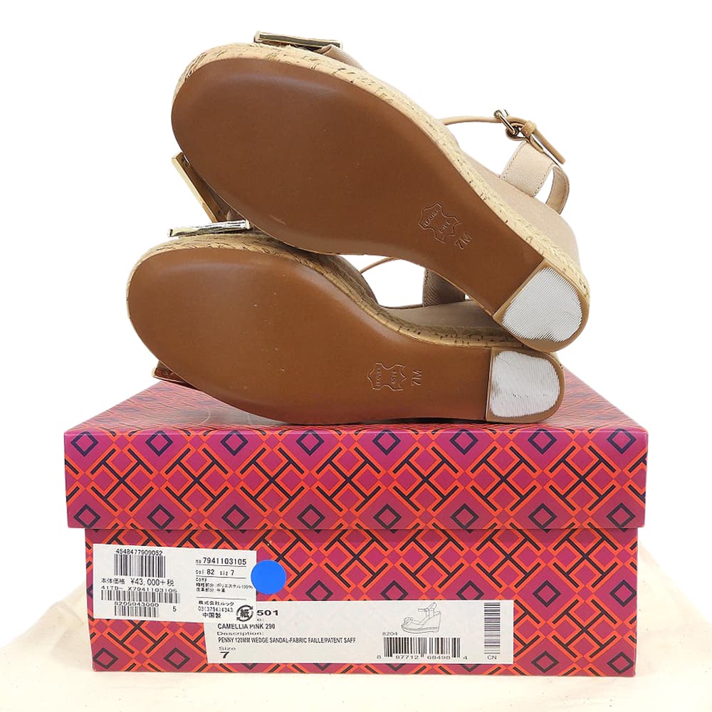Tory Burch トリーバーチ 新品同様 リボン付き アンクルストラップ ウェッジヒールサンダル シューズ レディース ベージュ 7M シューズ