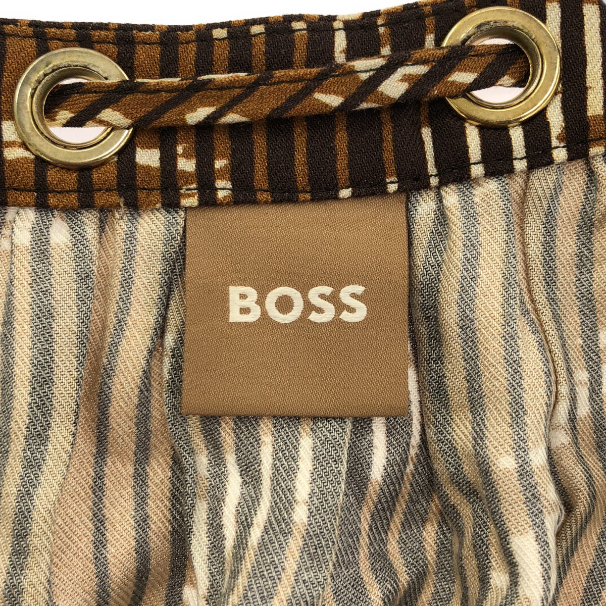 BOSS ボス 10245225 ブラウン×ホワイト Vネック ドローストリング ストライプ 長袖ブラウス トップス