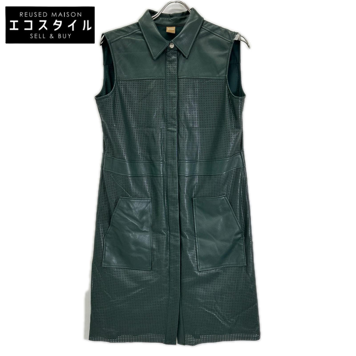 BOSS ボス 10248065 ダークグリーン フェイクレザー メッシュ ノースリーブ ワンピース ワンピース