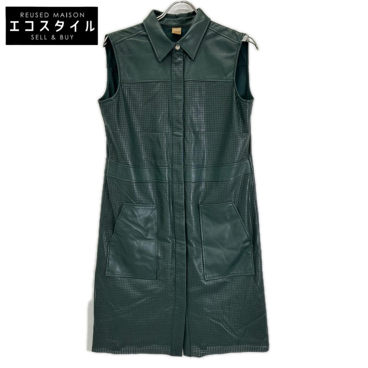 BOSS ボス 10248065 ダークグリーン フェイクレザー メッシュ ノースリーブ ワンピース ワンピース