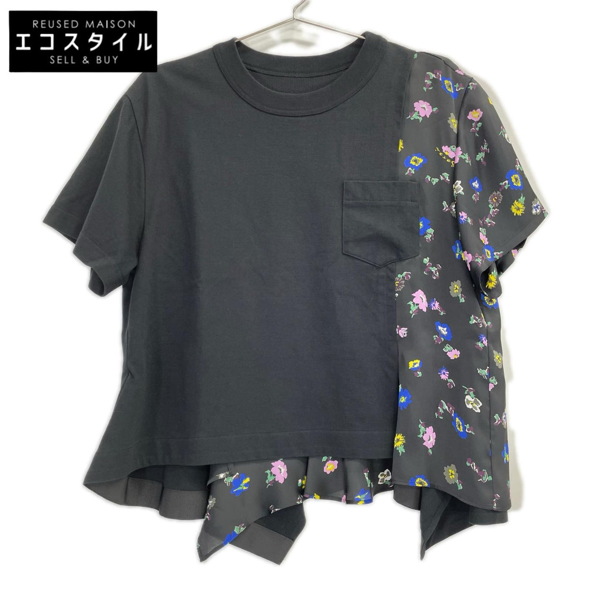 sacai サカイ 26SS 26-08389 ブラック コットン フローラルプリント ドッキングパネルカットソー トップス