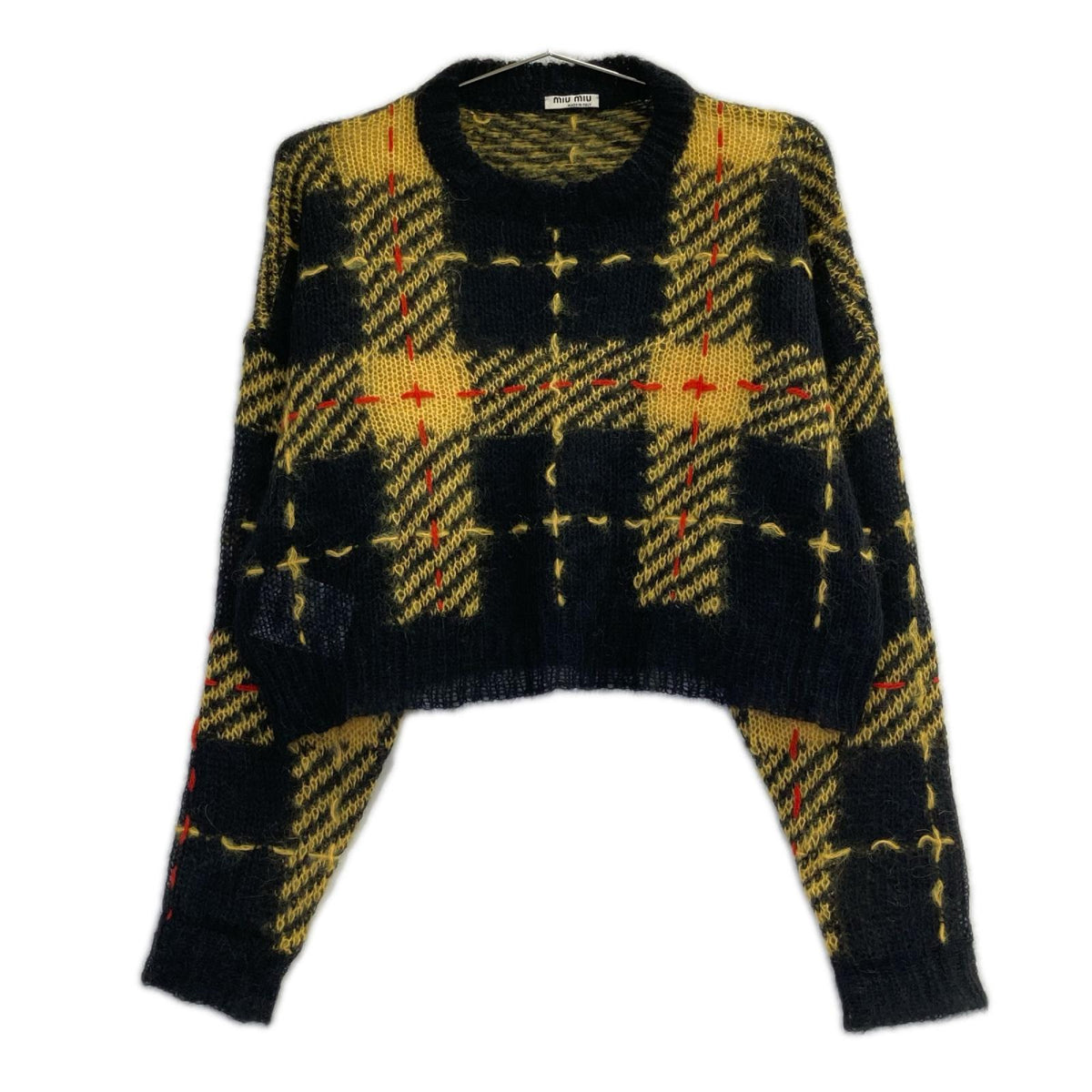 MIUMIU ミュウミュウ MML269 19年製 イエロー モヘヤ チェッククロップドニット トップス