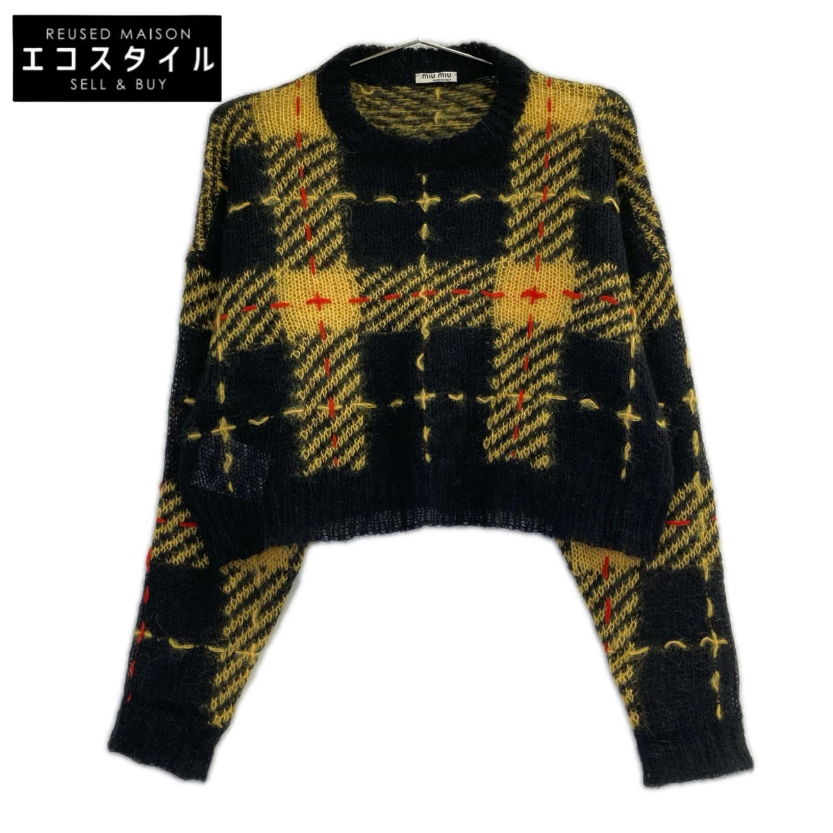 MIUMIU ミュウミュウ MML269 19年製 イエロー モヘヤ チェッククロップドニット トップス