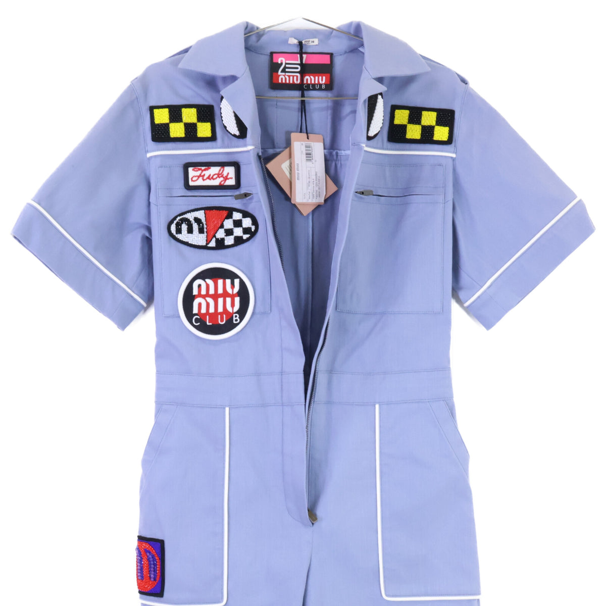 MIUMIU ミュウミュウ 【新品同様/国内正規】MAT45 1Q3A 2018 Resort Patch Coveralls クリスタル/ビーズ/刺繍 ワッペン オールインワン オーバーオール オールインワン