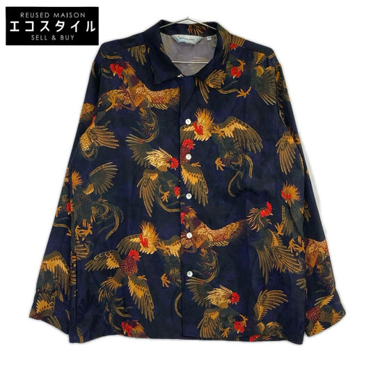 NIPOALOHA ニポアロハ N26-SLSH02 ブラックブルー シルク混 COCK FIGHTING ロングスリーブ シャツ トップス
