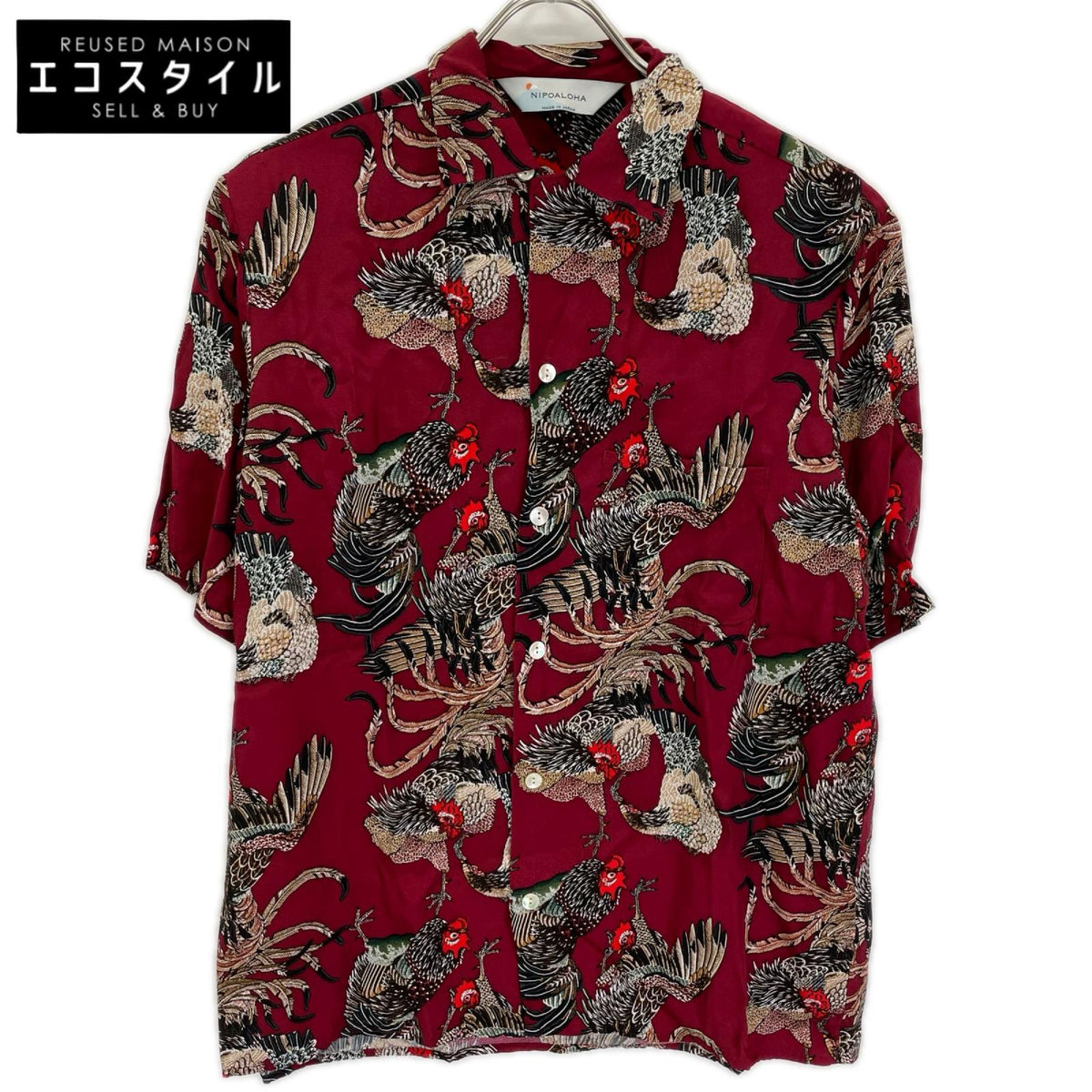 NIPOALOHA ニポアロハ N25-RSH01 レッド 伊藤若冲 GAME COCK/軍鶏 ショートスリーブシャツ トップス