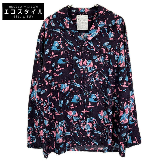 B-007-S06a ダークパープル ボタニカルプリント open collar shirt/オープンカラーシャツ トップス
