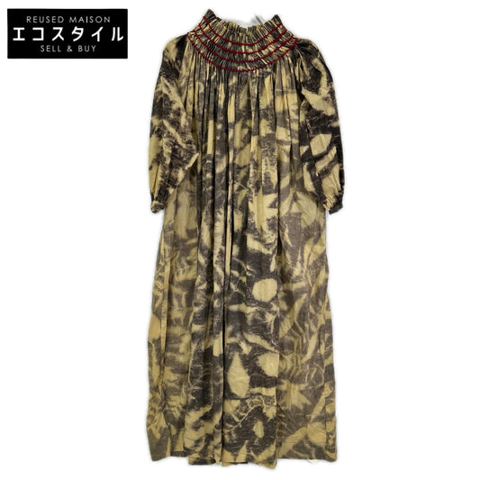 ブラウン リーフハンドプリント CHITRA SMOCKING DRESS ワンピース