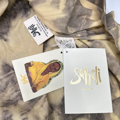 ブラウン リーフハンドプリント CHITRA SMOCKING DRESS ワンピース