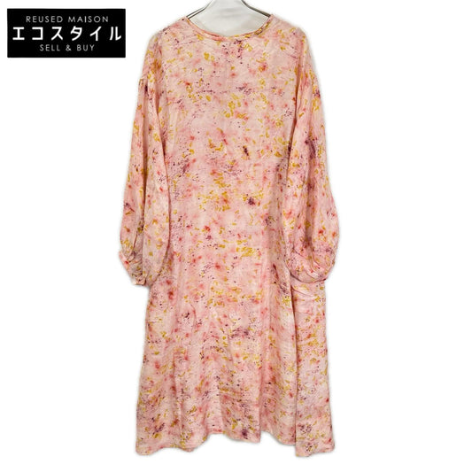 ピンク フラワーハンドプリント PHOOL SILK DRESS ワンピース