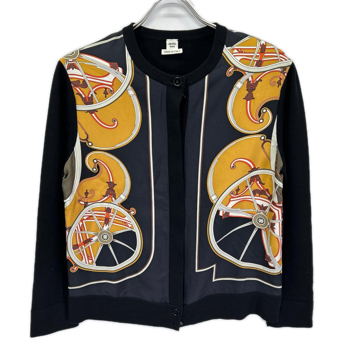 HERMES エルメス ルメール期 14AW ブラック ウール×シルク スカーフ切り替え ラウンドネックニットカーディガン トップス
