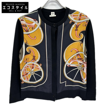 HERMES エルメス ルメール期 14AW ブラック ウール×シルク スカーフ切り替え ラウンドネックニットカーディガン トップス