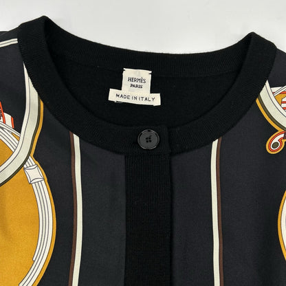 HERMES エルメス ルメール期 14AW ブラック ウール×シルク スカーフ切り替え ラウンドネックニットカーディガン トップス