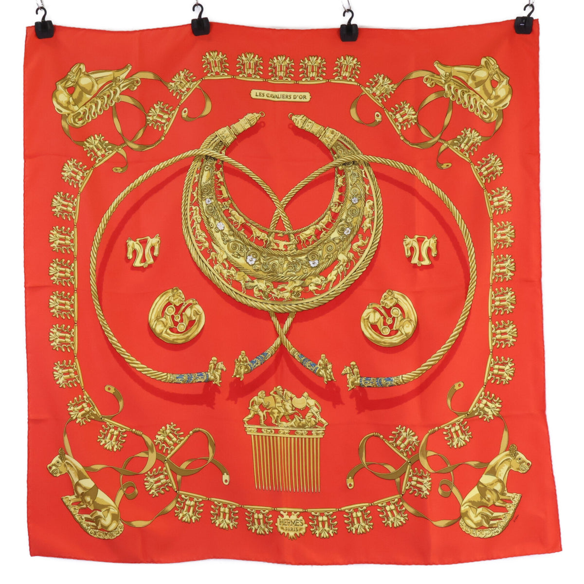 HERMES エルメス 【美品】Les Cavaliers d'Or 黄金の騎士 シルク カレ90 スカーフ