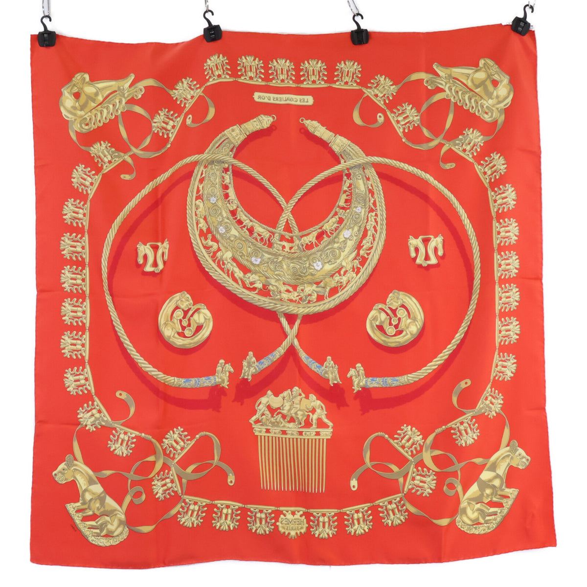 HERMES エルメス 【美品】Les Cavaliers d'Or 黄金の騎士 シルク カレ90 スカーフ
