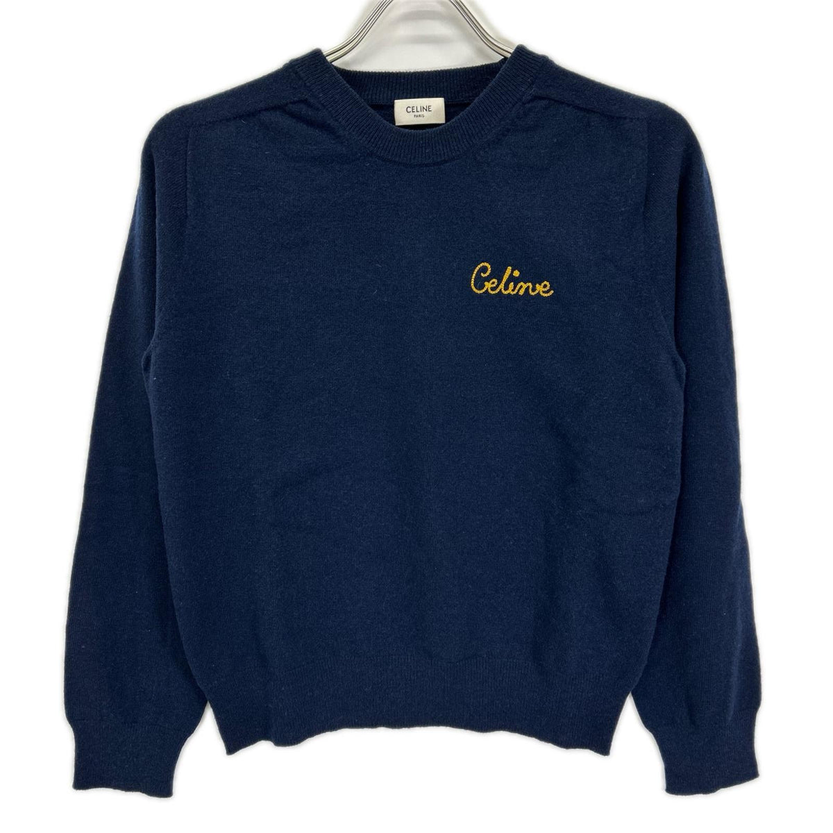 CELINE セリーヌ エディ期 2A07D959I ネイビー×イエロー ウール ロゴ刺繍 クルーネックニットプルオーバー トップス