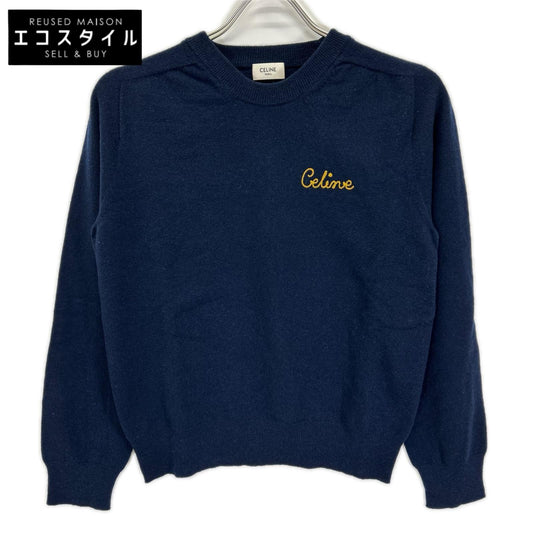 CELINE セリーヌ エディ期 2A07D959I ネイビー×イエロー ウール ロゴ刺繍 クルーネックニットプルオーバー トップス