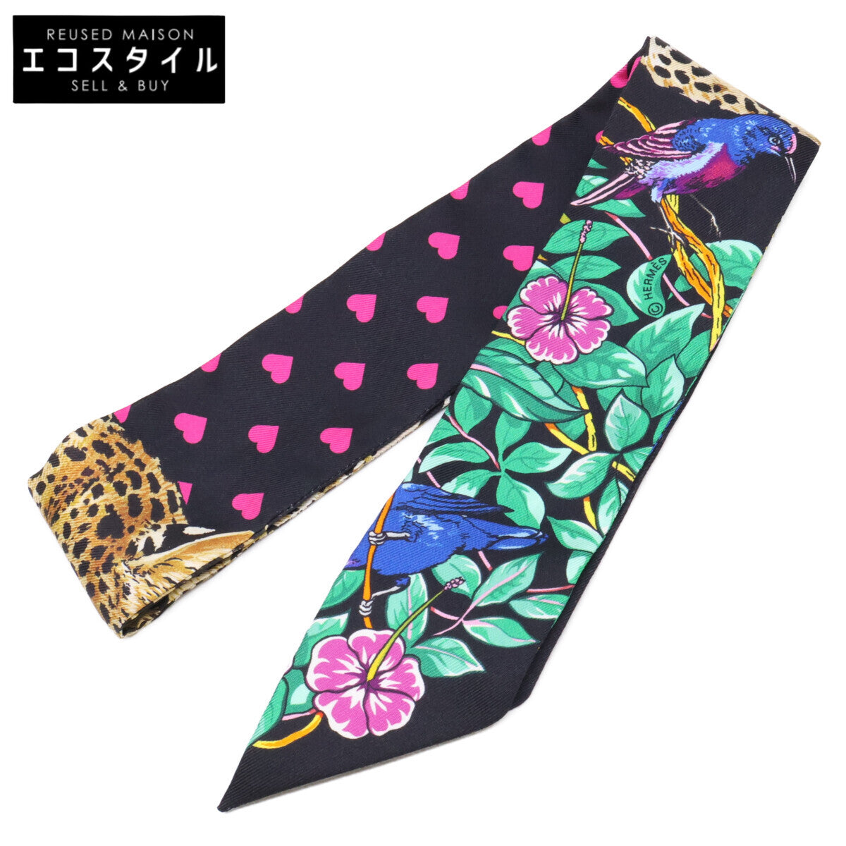 HERMES エルメス 【美品/バレンタインコレクション】H063513S 13 JUNGLE LOVE LOVE ジャングルラブラブ シルク ツイリー スカーフ