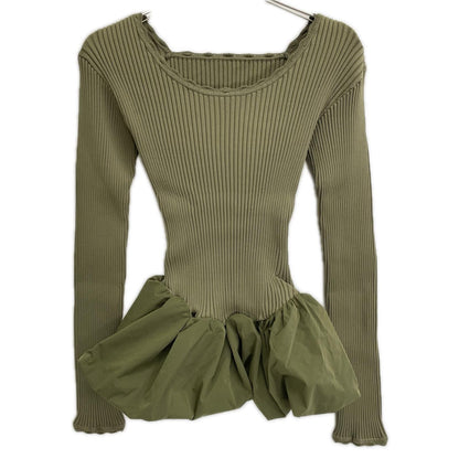 Ameri アメリ 26年製 カーキ BALLOON HEM DOCKING KNIT TOP トップス