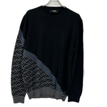 FENDI フェンディ FZX091 AQKW 23AW ブラック ウール アシンメトリーズッカ柄 FF クルーネックニット トップス