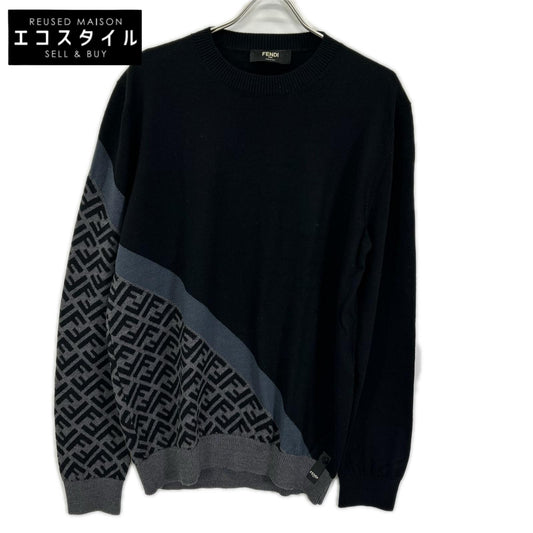 FENDI フェンディ FZX091 AQKW 23AW ブラック ウール アシンメトリーズッカ柄 FF クルーネックニット トップス