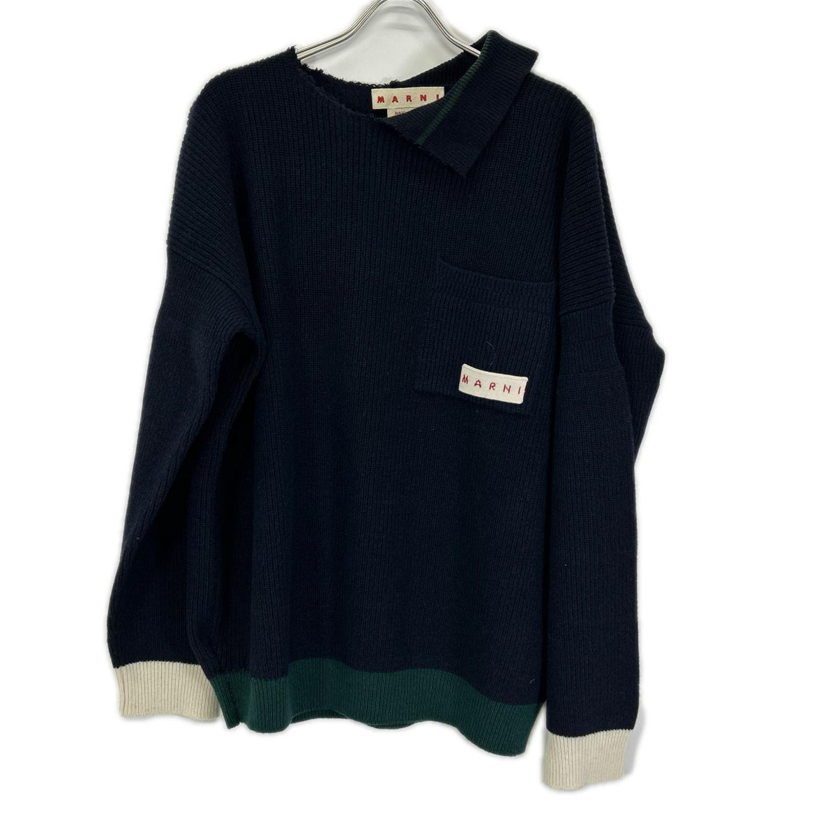 MARNI マルニ GCMG0246Q2 22AW ネイビー ウール ロゴポケット カットオフデザインプルオーバーニット トップス