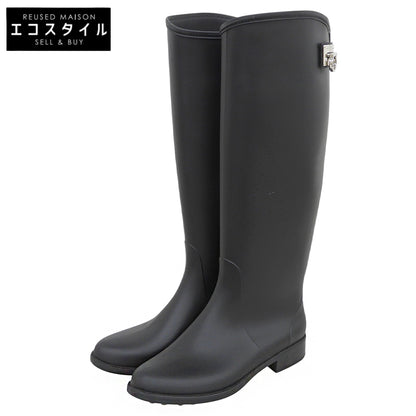 SalvatoreFerragamo サルバトーレフェラガモ ガンチーニ金具 バックジップ ラバー ロングレインブーツ レディース ブラック×シルバー シューズ