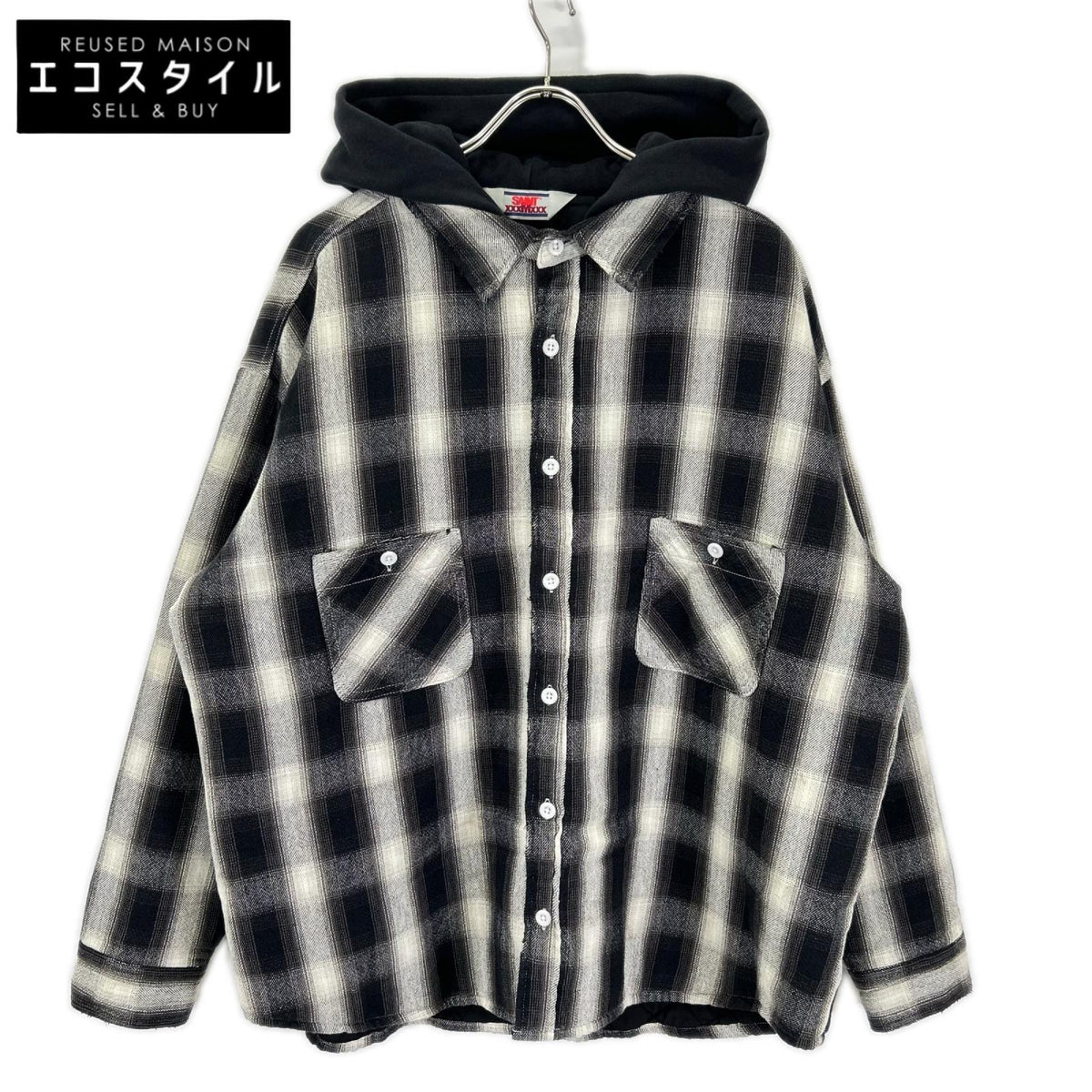 SAINT MICHAEL セントマイケル 23AW SM-A23-0000-046 ブラック×ホワイト SHIRT PARKA/CHECK ヴィンテージ加工 シャツパーカー ジャケット