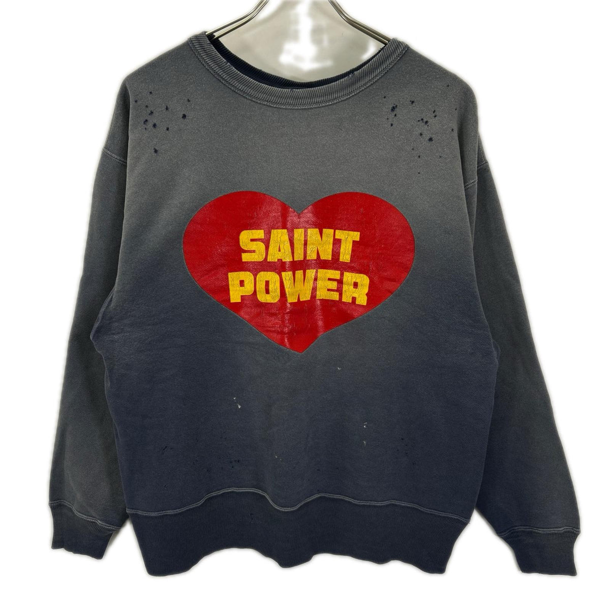 SAINT MICHAEL セントマイケル 25AW SM-HR1-0000-048 ネイビー SAINT POWER CRW NECK SWT ダメージ/フェード加工 プリントスウェット トップス