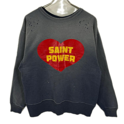 SAINT MICHAEL セントマイケル 25AW SM-HR1-0000-048 ネイビー SAINT POWER CRW NECK SWT ダメージ/フェード加工 プリントスウェット トップス