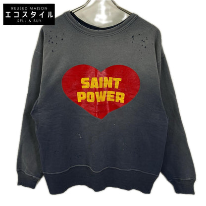 SAINT MICHAEL セントマイケル 25AW SM-HR1-0000-048 ネイビー SAINT POWER CRW NECK SWT ダメージ/フェード加工 プリントスウェット トップス