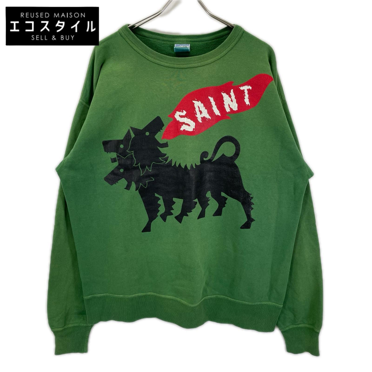 SAINT MICHAEL セントマイケル 23AW SM-A23-0000-021 グリーン CRW N SWT/ CERBERUS フェード加工 プリントスウェット トップス