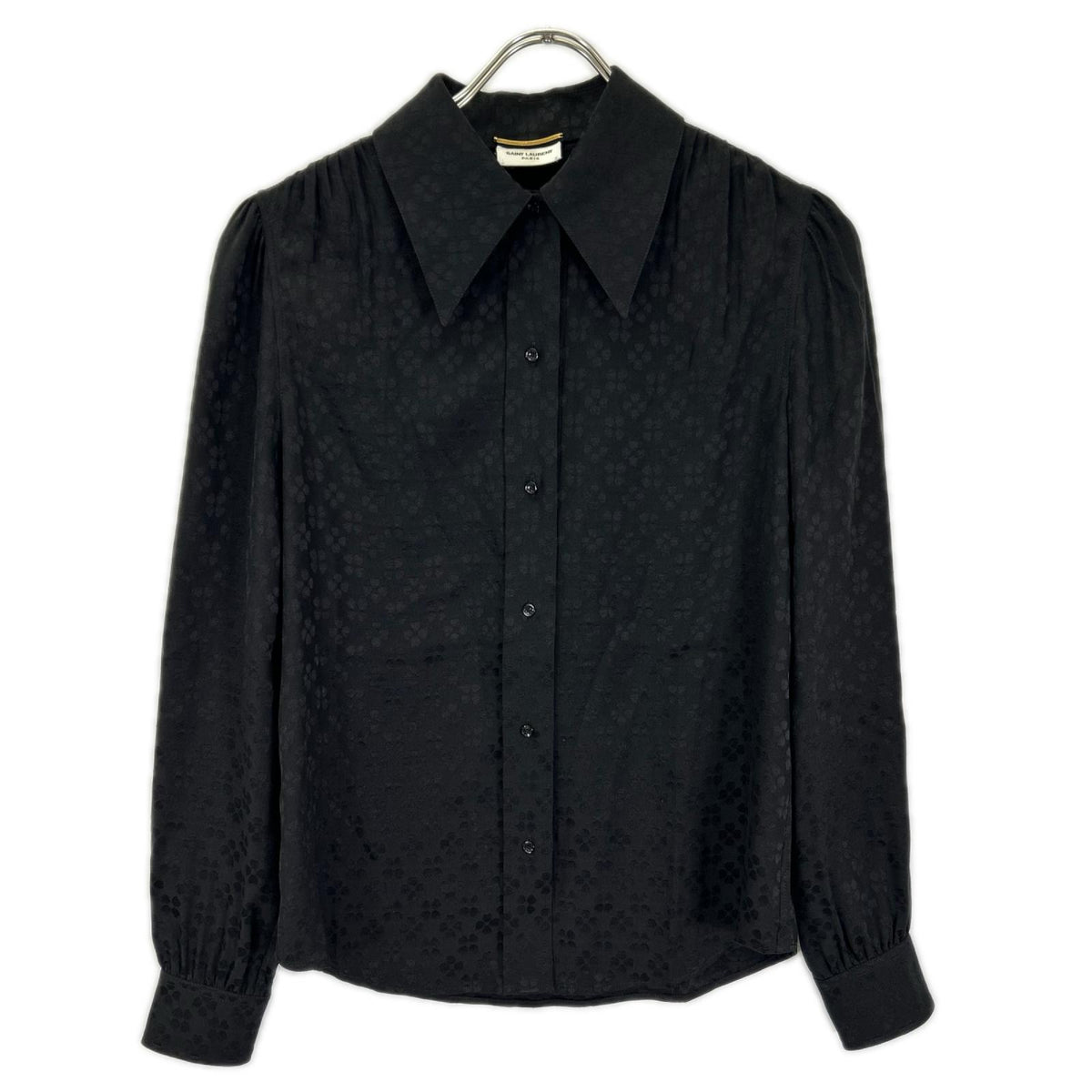 SAINT LAURENT PARIS サンローランパリ 21年製 680733 ブラック フラワー総柄 シルク100 ギャザーシャツ トップス