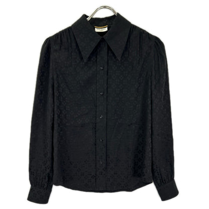 SAINT LAURENT PARIS サンローランパリ 21年製 680733 ブラック フラワー総柄 シルク100 ギャザーシャツ トップス