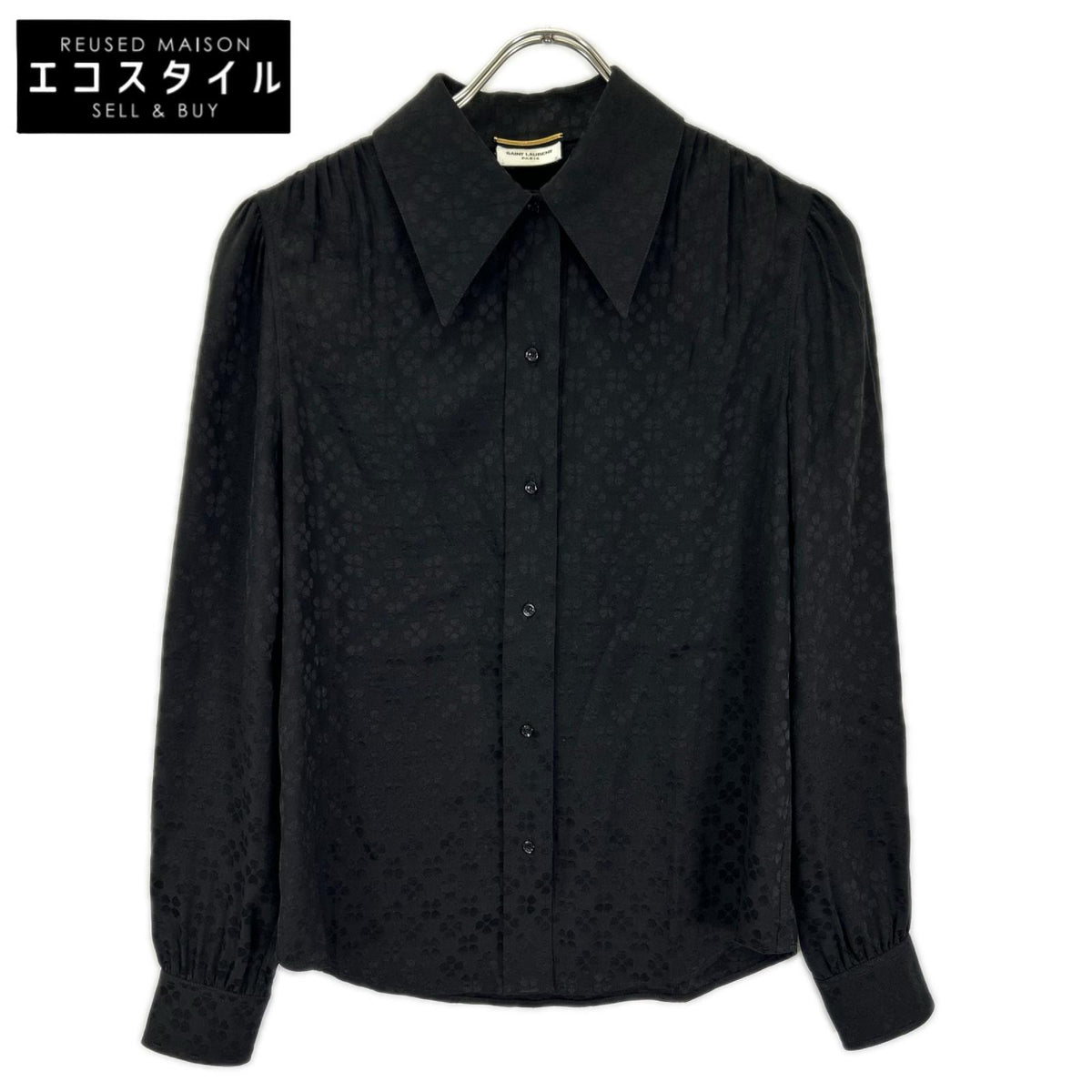 SAINT LAURENT PARIS サンローランパリ 21年製 680733 ブラック フラワー総柄 シルク100 ギャザーシャツ トップス