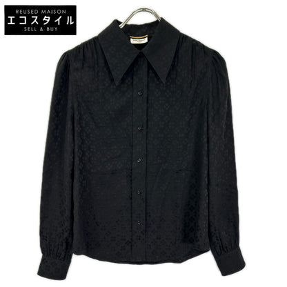 SAINT LAURENT PARIS サンローランパリ 21年製 680733 ブラック フラワー総柄 シルク100 ギャザーシャツ トップス