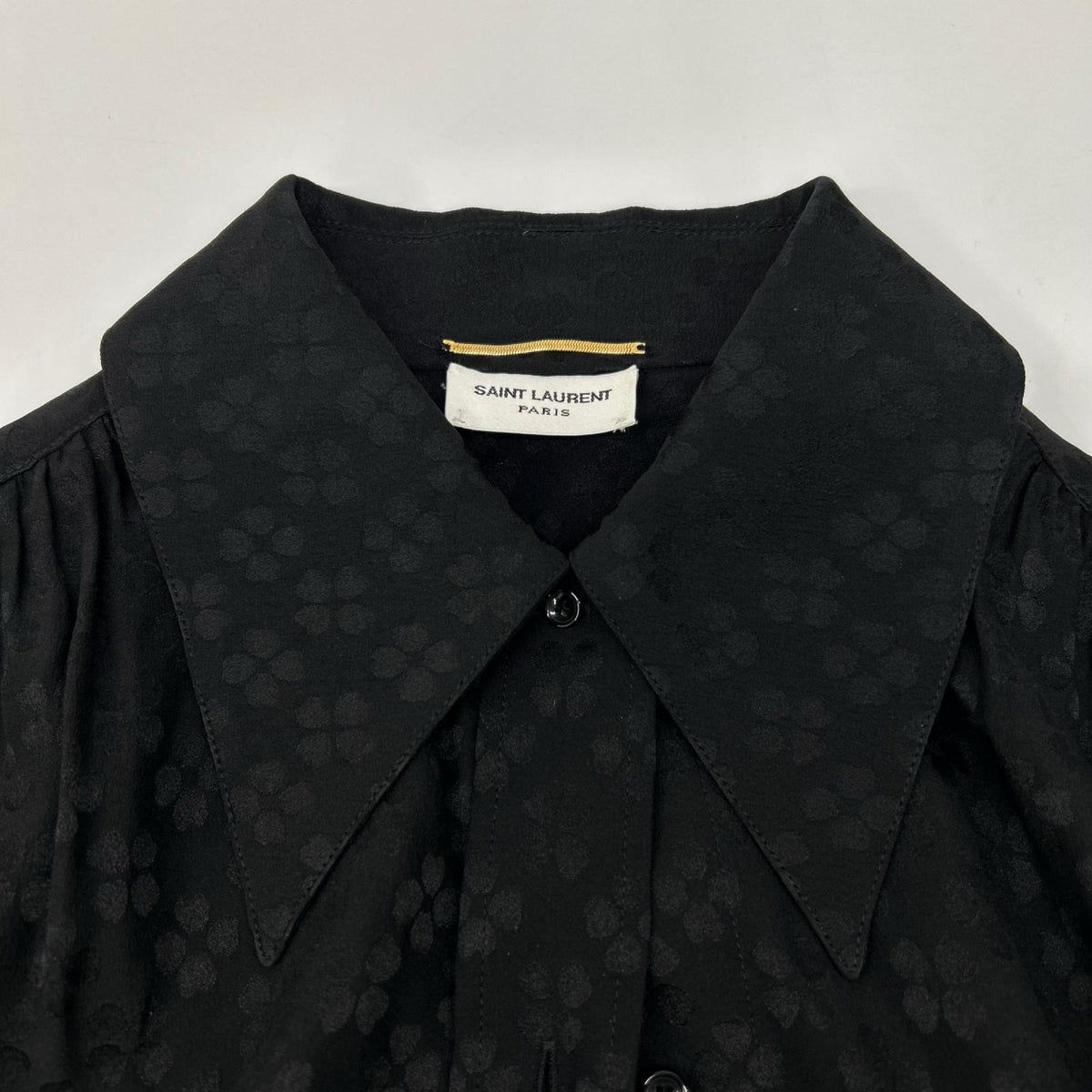 SAINT LAURENT PARIS サンローランパリ 21年製 680733 ブラック フラワー総柄 シルク100 ギャザーシャツ トップス