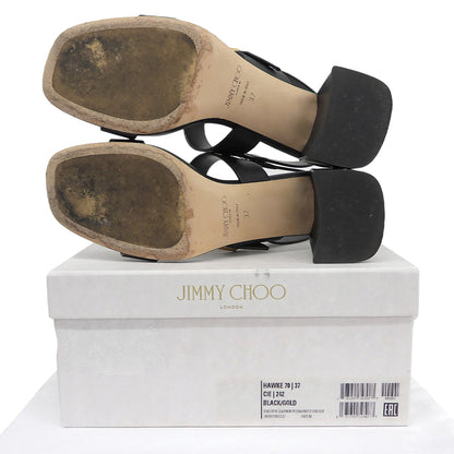 JIMMY CHOO ジミーチュウ 美品 HAWKE70 チャンキーヒール サンダル シューズ レディース ブラック×ゴールド金具 37 ブラック/ゴールド シューズ