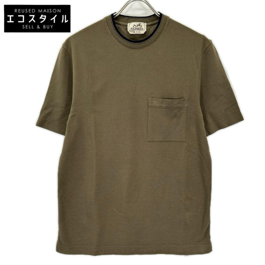 HERMES エルメス H667830HA トゥルブ/カーキ コットン ラウンドネック H刺繍 サドルステッチ Tシャツ トップス