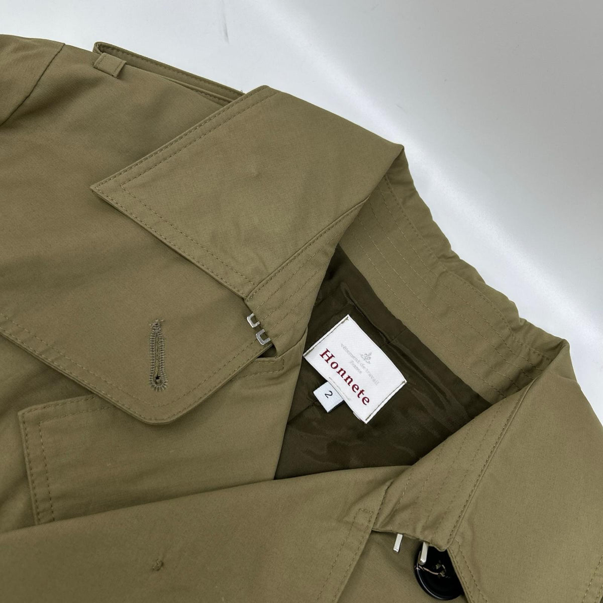 Honnete オネット HO-22AW CO16 カーキ コットン×ナイロン ダブルブレスト ベルテッド ロングトレンチコート コート