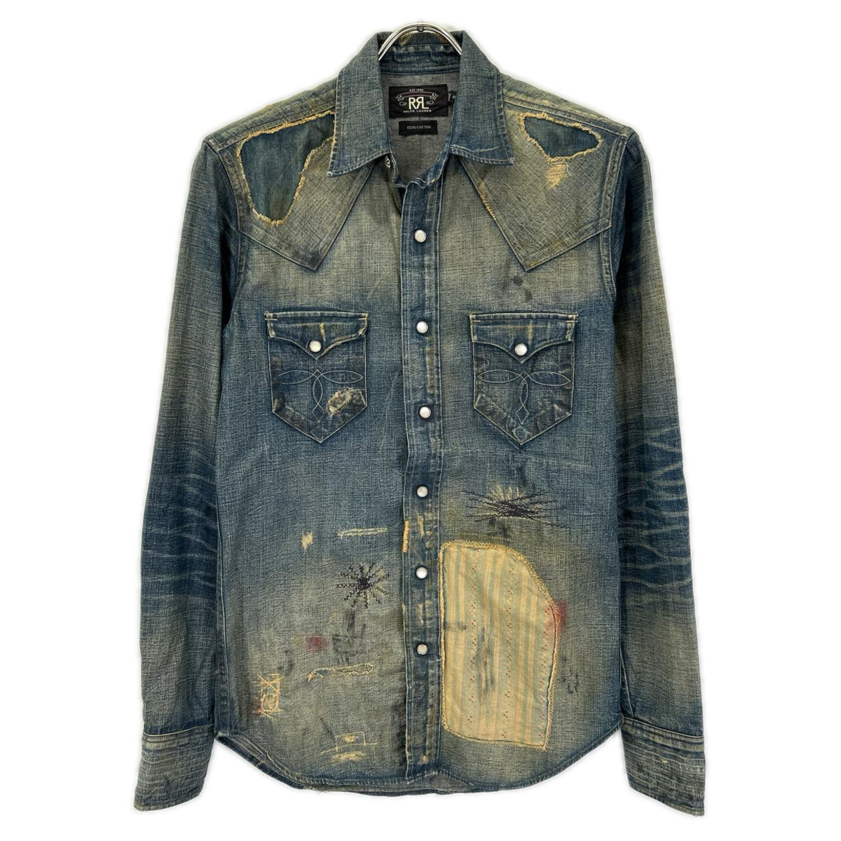 RRL ダブルアールエル MONTANA インディゴブルー コットン バンダナパッチワーク ダメージリペア加工 デニムウエスタンシャツ ジャケット