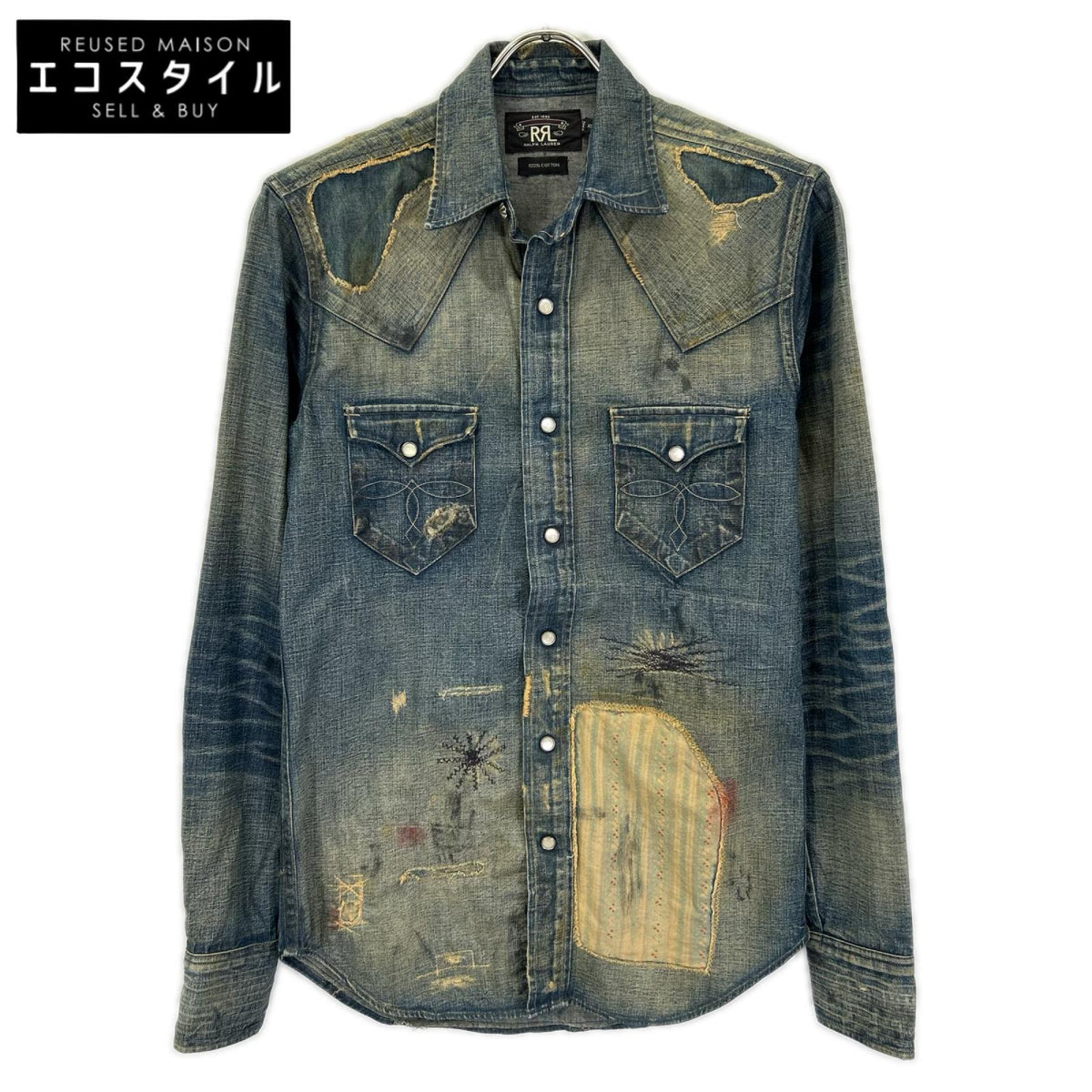 RRL ダブルアールエル MONTANA インディゴブルー コットン バンダナパッチワーク ダメージリペア加工 デニムウエスタンシャツ ジャケット