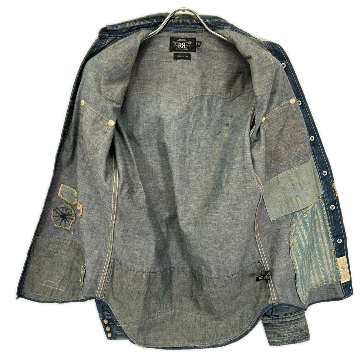 RRL ダブルアールエル MONTANA インディゴブルー コットン バンダナパッチワーク ダメージリペア加工 デニムウエスタンシャツ ジャケット